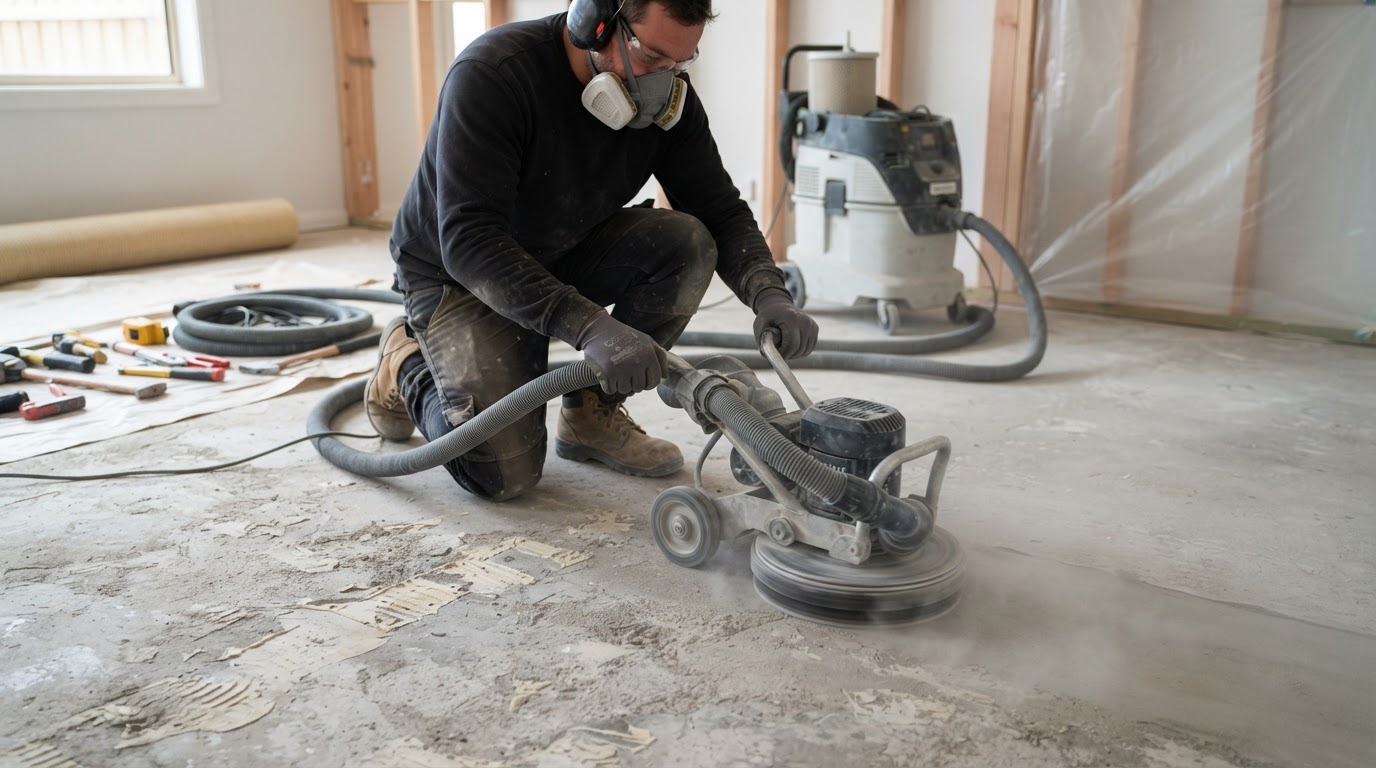 Concrete floor grinding as part of surface preparation before new flooring