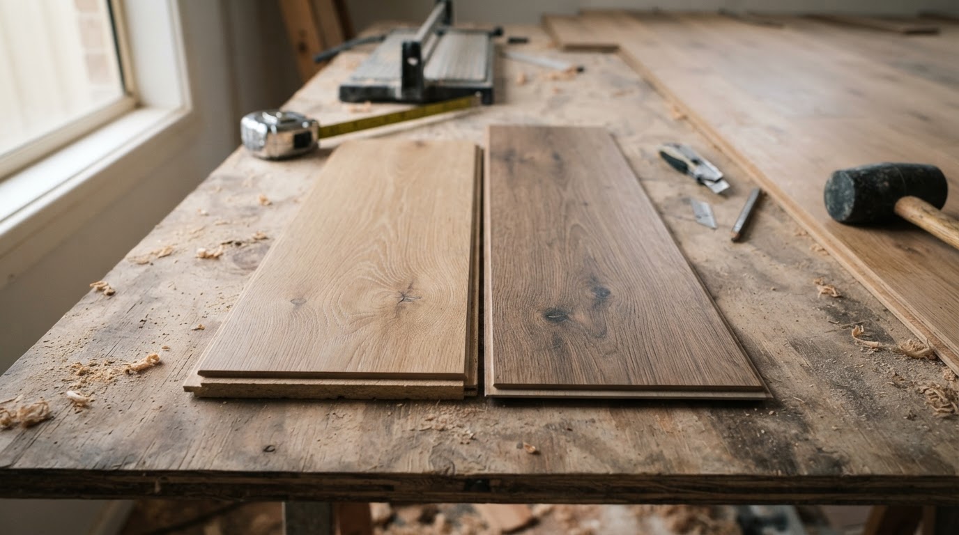 Hybrid flooring and vinyl plank samples for a home renovation
